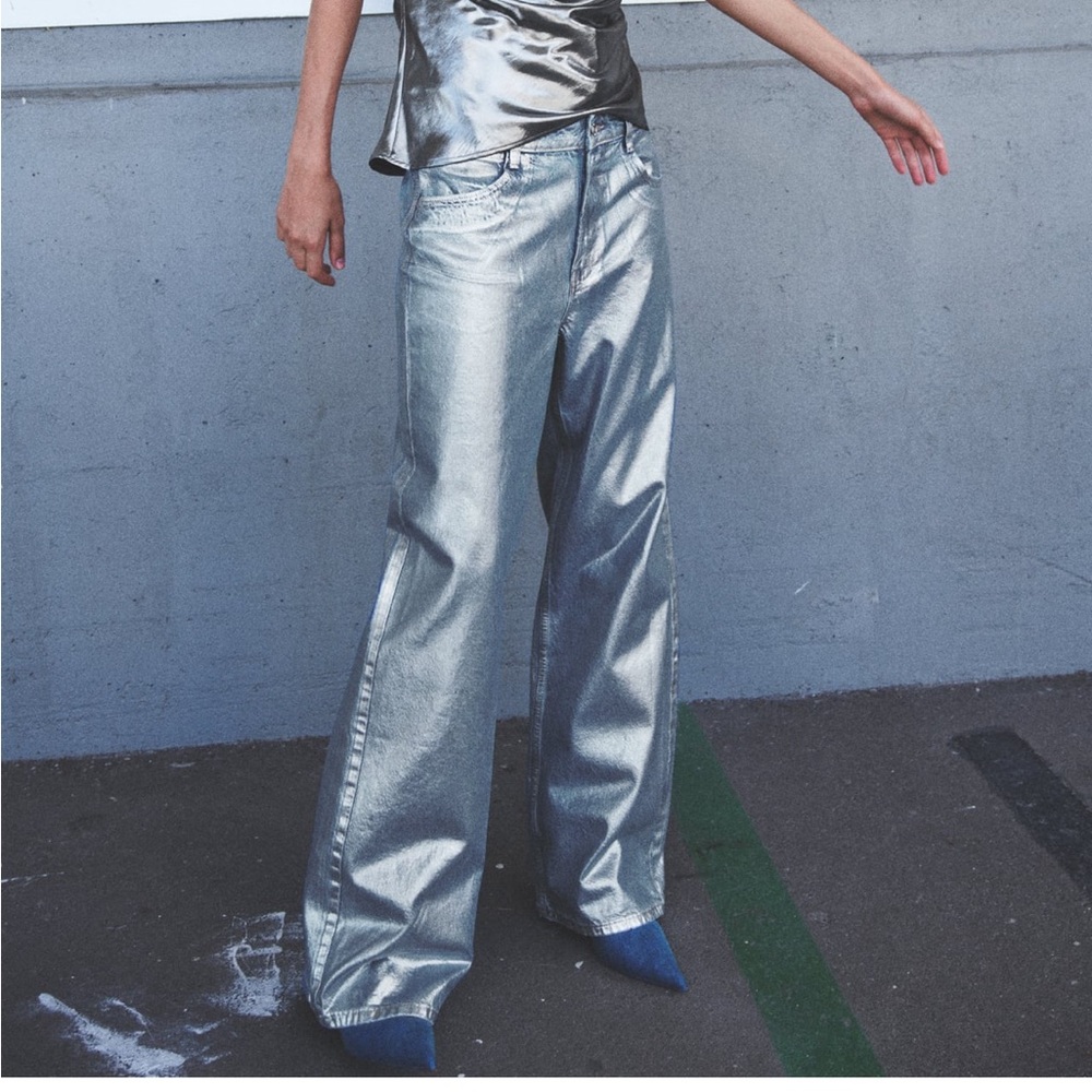ZARA Z1975 MID RISE STRAIGHT CUT METALLIC JEANS